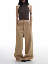 カキ色のレトロストレートパンツ【高腰・ウエストシェイプ・秋用・ルーズフィット】