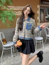 デニム切り替え小柄女性用ショートジャケット【フレンチスタイル・秋冬用・上品なデザイン】（セットアップ対応）