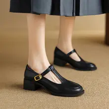 本革製 ラウンドトゥ T字フラップ マaryジェンシューズ【ミドルヒール・ヴィンテージスタイル・アカデミック風】