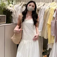 夏用 清新風 方形ネックのゆったりとしたレース刺繍ノースリーブロングドレス