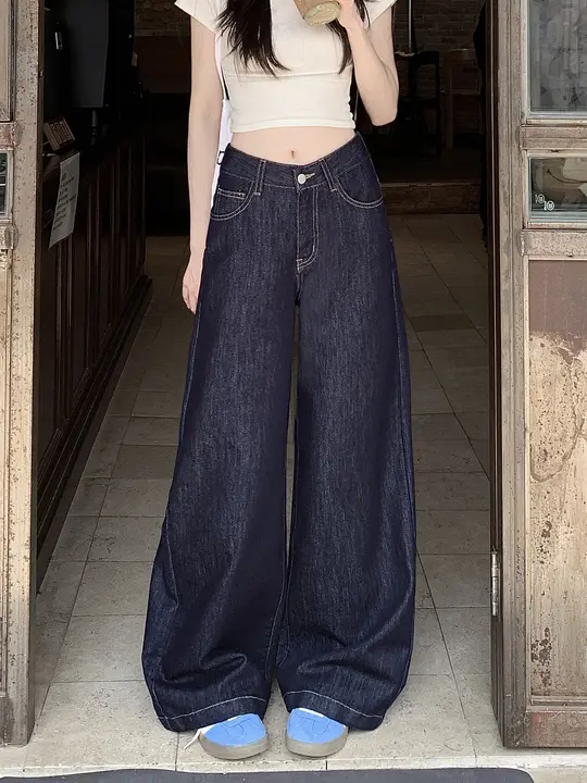 ヴィンテージ風 深い青のワイドレッグデニムパンツ【ハイウエスト・カジュアル・フィット】（セットアップ対応）