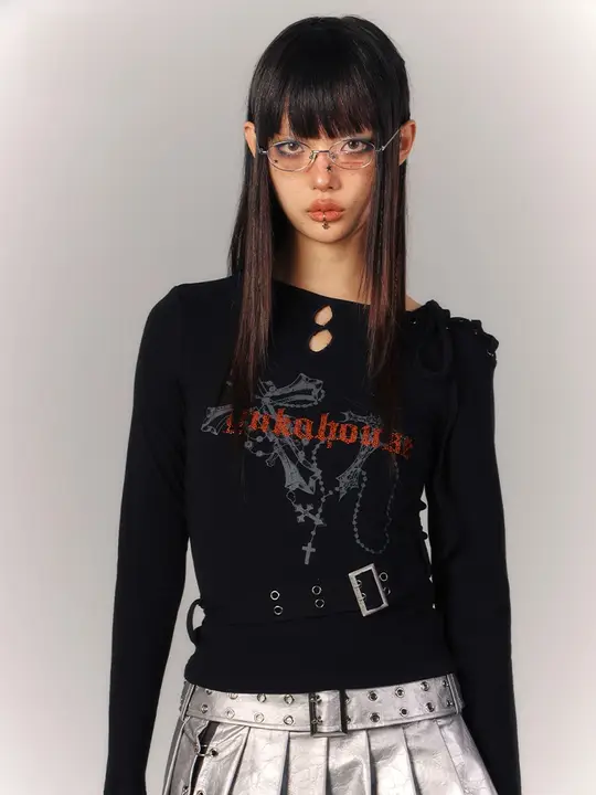 トップス レディース 長袖Tシャツ アメリカン風 ドローコード ウエストリボン カットアウト 甘辛MIX ブラック 初秋 「YUKAHOUSE」