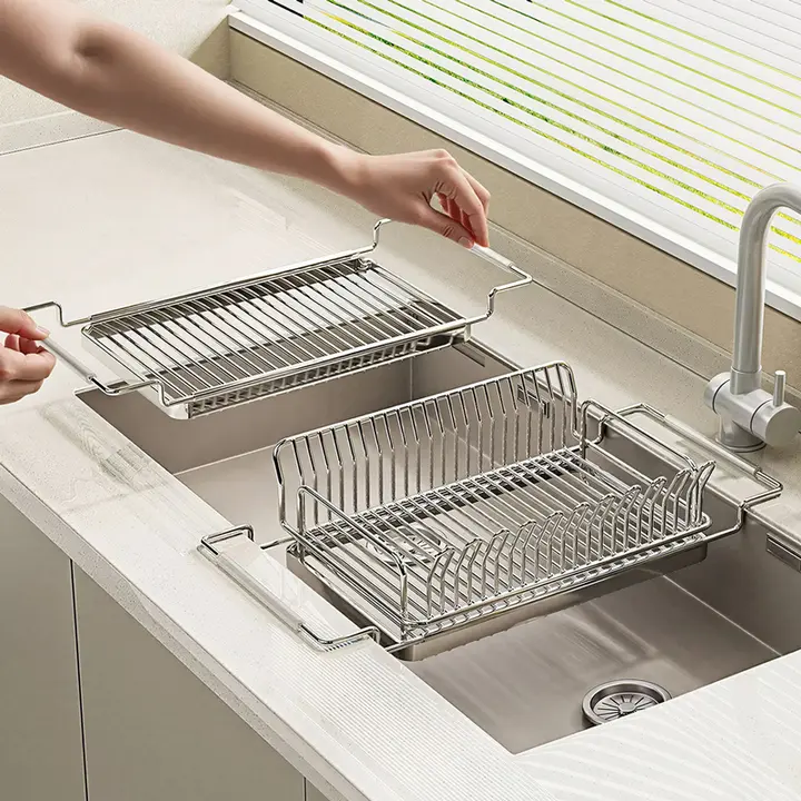 304ステンレス製キッチン水切りラック【伸縮式・多機能・洗面器対応】