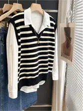 おしゃれなノースリーブニットベスト【秋用・黒白ストライプ・重ね着デザイン】
