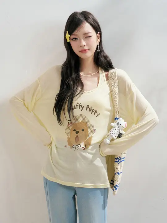 小犬プリントの長袖カーディガンTシャツ【感・万能デザイン】（セットアップ対応）
