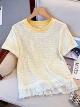 フリルレースストライプショートスリーブTシャツ【女性用・夏・スリムフィット・学生向け・短丈】