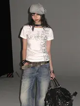 三色フラッシュシルバーアルファベットプリントパンキッシュストリートフィットTシャツ