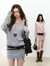 輝く薄手のオフショルダー連衣裙【ボタン付き・斜め肩デザイン・ミディ丈】