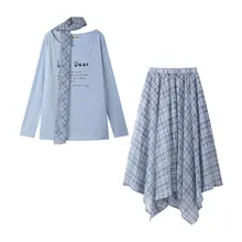 春夏にぴったり！ブルーチェックのスカートとトップスのコーディネート【学院風・二重構造】（セットアップ対応）