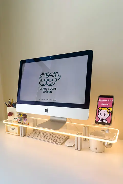 透明なパソコン用モニター台【アルミ合金製・デスク上昇・収納機能】