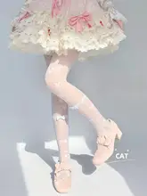 可愛い蝶結びデザインのロリータ風白色タイツ【花柄・浮光蝶舞】