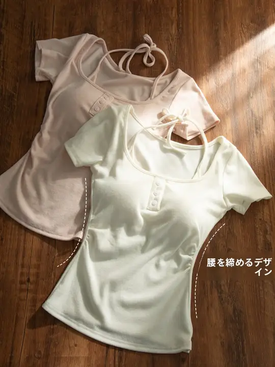 漫画プリント半袖Tシャツ【ハイネック・ウエスト絞り・胸パッド付き】