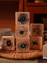 ビンテージ木製の手帳印章【植物デザイン・花のDIY素材・バラとデイジー印画】