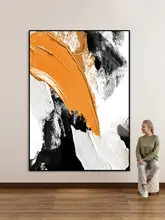 立体抽象油絵【黒白橙・インテリア装飾用・現代風・リビング＆ダイニング用】