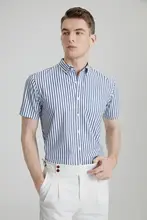 ビジネス用クール感シャツ【ブルーとホワイトのストライプ・ボタンダウン・半袖・極上の柔らかさ・シワになりにくい】