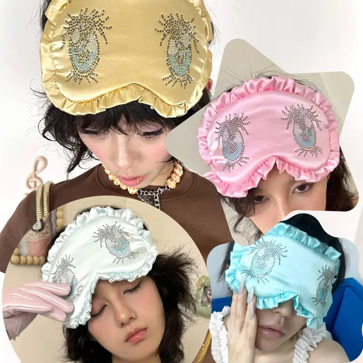 大きな目のデザイン！ビジュー付きドット柄アイマスク【快適・通気性・花飾り付き】
