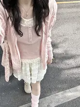 春用 フラワープリントニットトップス【ピンク・ショート丈・女性用】