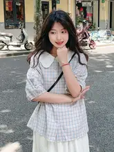 レース付き ドールカラー チェック柄 半袖ブラウス【女性用・パフスリーブ・夏向け】