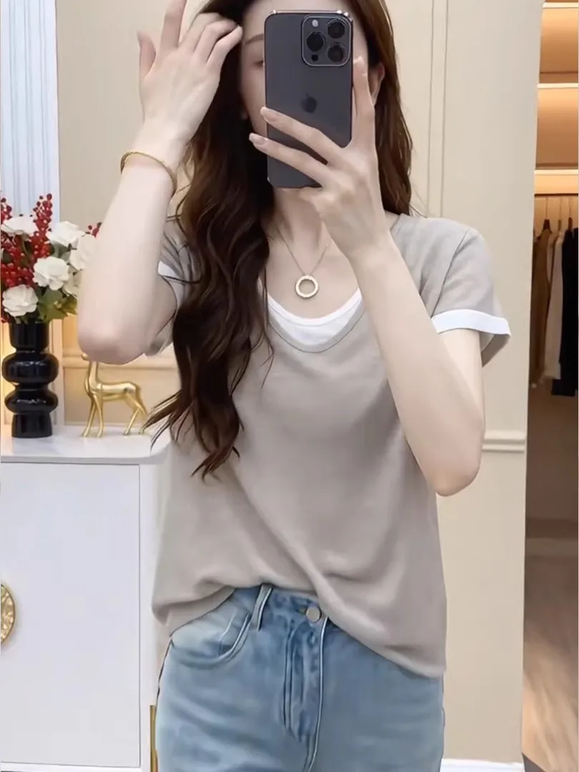 コットン製偽二重構造の半袖Tシャツ：レディース重ね着のゆったりシルエットと韓国風デザイン
