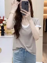 コットン製 偽二重構造の半袖Tシャツ【レディース・ゆったりシルエット・韓国風・大きいサイズ】（セットアップ対応）