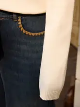 加絨ストレッチデザインのレディースデニムパンツ【ビンテージ風・ストレートシルエット・貝殻刺繍】