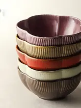 ご飯茶碗 丼鉢 手作り 粗陶 花びら型 おしゃれ ブラック ヴィンテージ 家庭用 食器