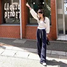 フレンチスタイルのレトロなサイドレースデザインのパンツ【ウエストゴム・ドローストリング付き】
