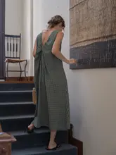 Dailyart リネンコットンチェック柄リバーシブルノースリーブワンピース【リゾートスタイル・結び デザイン】