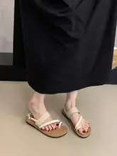 夏用ローヒールローマサンダル【リネン素材・ビーチ用・一字型ストラップ】（セットアップ対応）