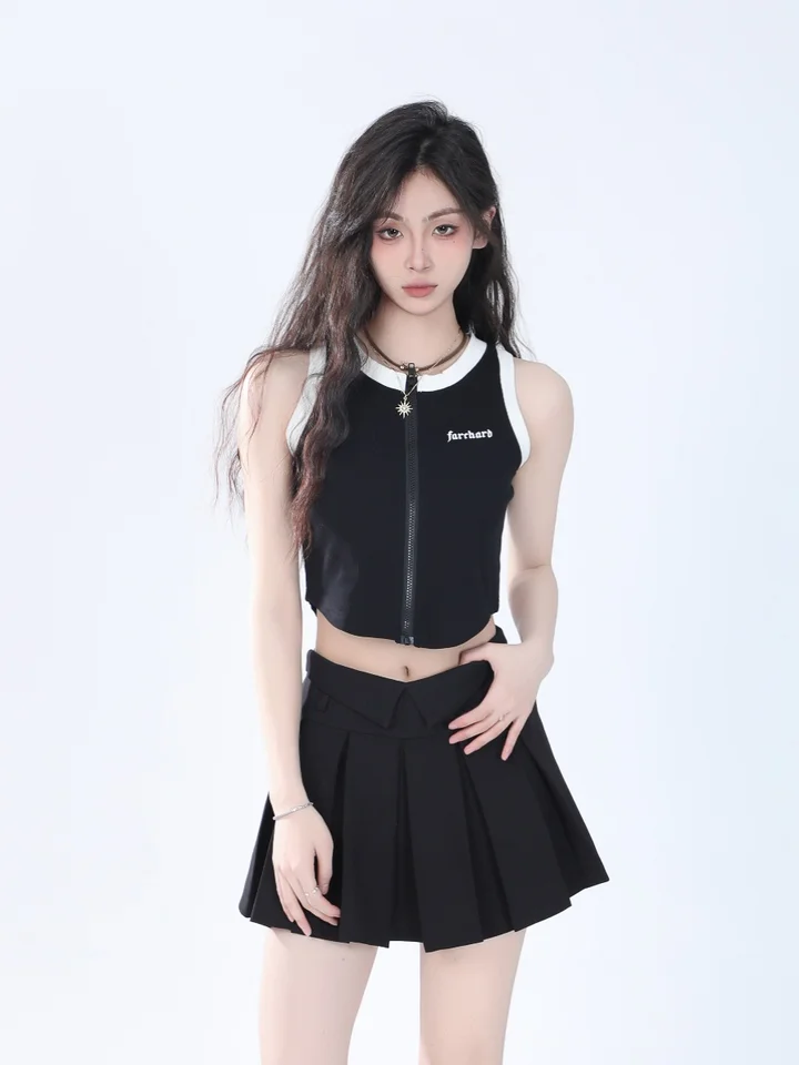 美式ハイストリートスタイル ブラウンジッパータンクトップ【ショート丈・デザイン性あり】