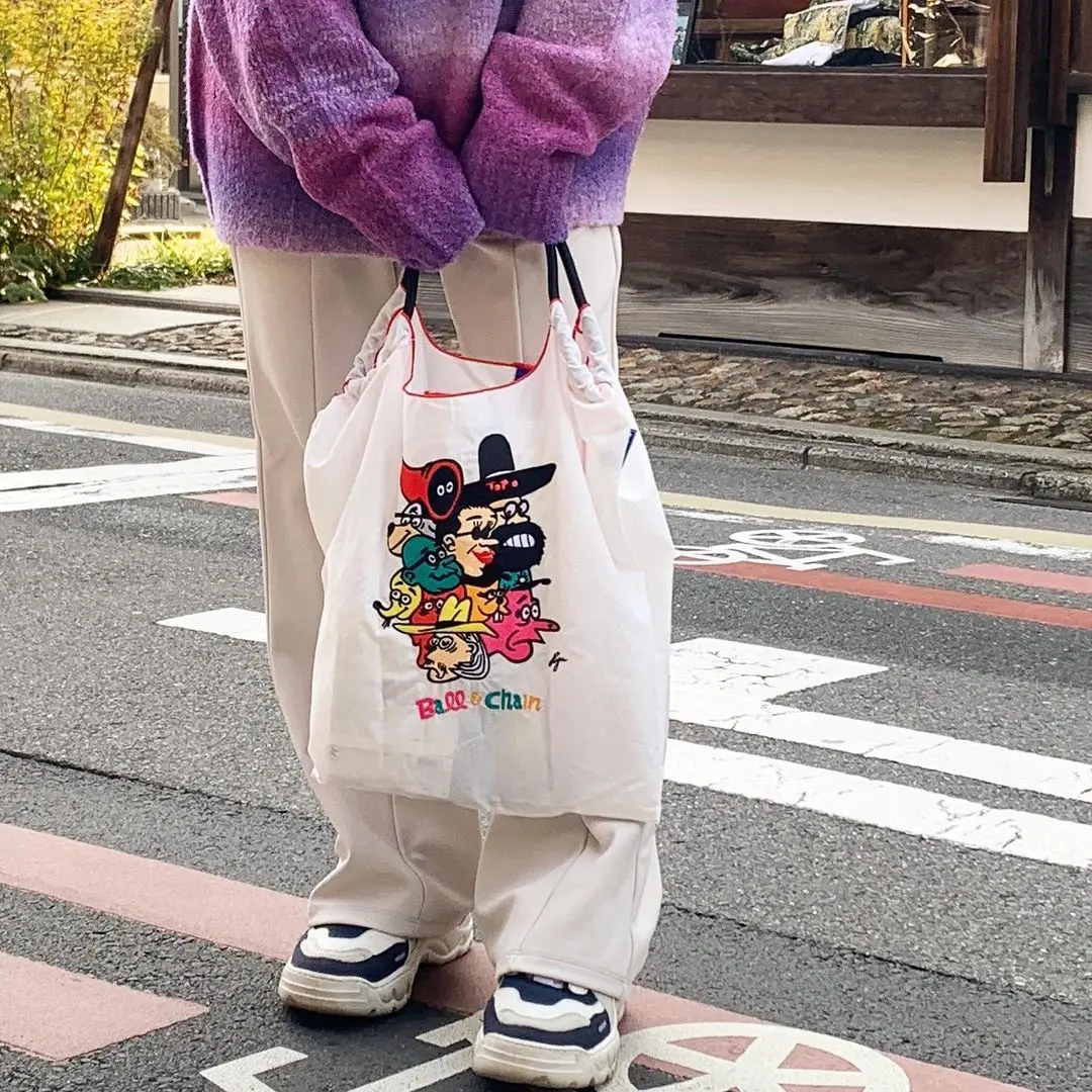 大胡子刺繍エコバッグ【ナイロン・ボールチェーン・トートタイプ】