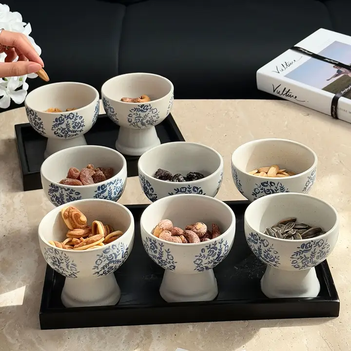 中華風レトロデザインの陶器製スナックプレート【お菓子・乾物用・仕切り付き】（セットアップ対応）