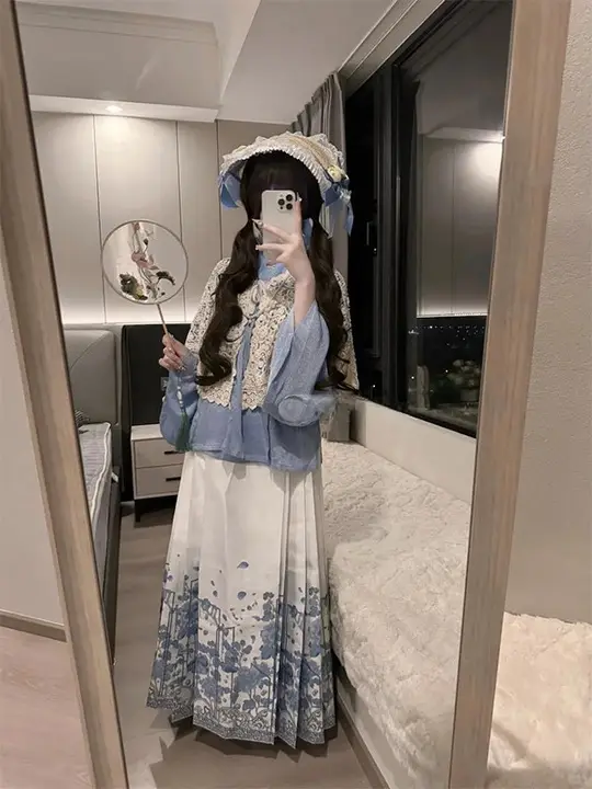 青色のエレガントな漢服風 マーメイドスカート【琵琶袖・可愛いデザイン・ロリータスタイル】（セットアップ対応）