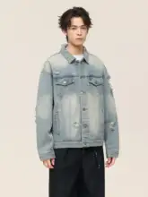 水洗い加工でヴィンテージ感漂う大破壊デニムジャケット【ゆったりシルエット・ストリートファッション】