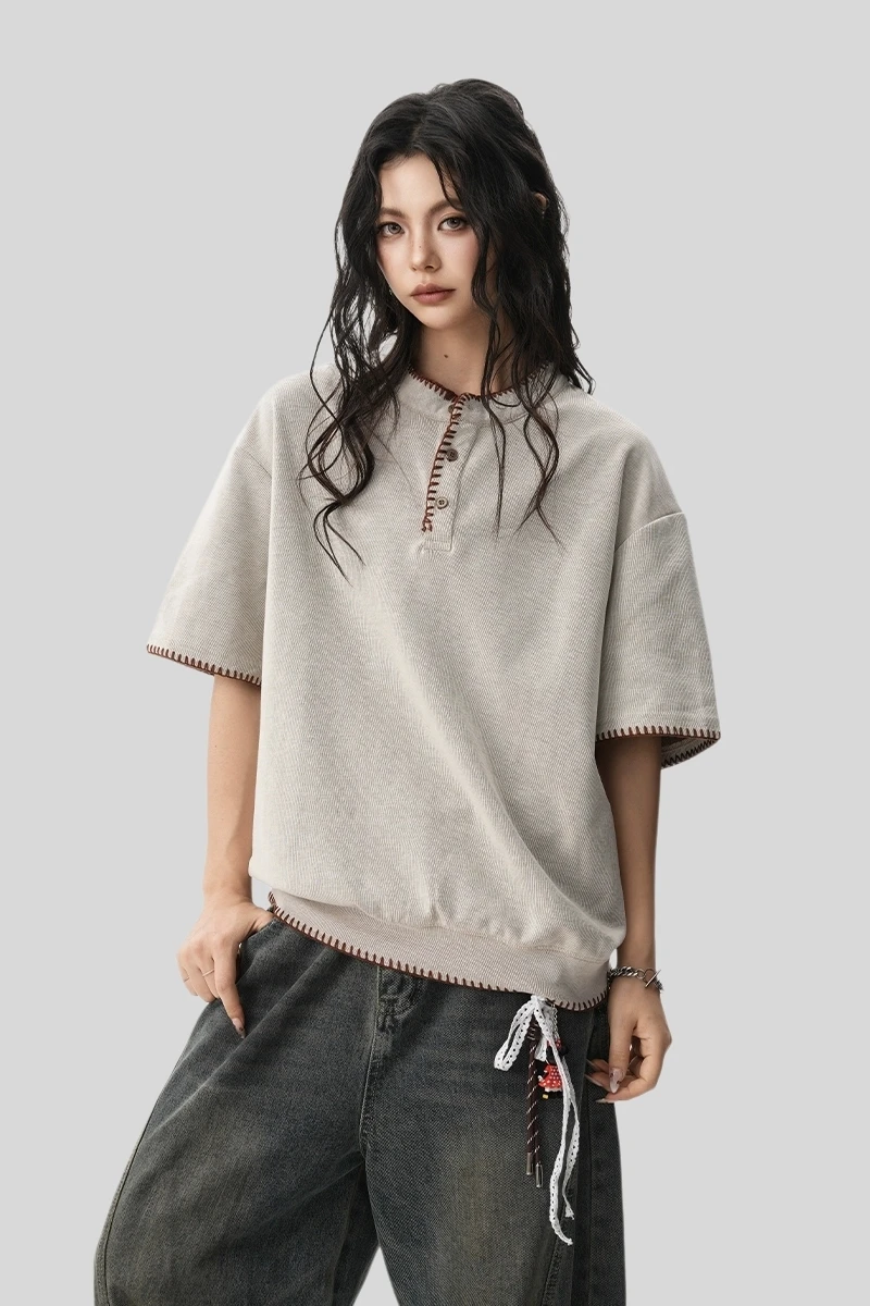 ヴィンテージ風 ハンドステッチ ヘンリーネックニットTシャツ【男女兼用・夏用】