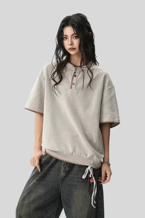 ヴィンテージ風 ハンドステッチ ヘンリーネックニットTシャツ【男女兼用・夏用】