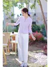 春季新作のデザイン感あるVネックコットン長袖Tシャツ【薄紫色・レディース】