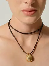 水滴デザインの二重ワックスロープネックレス【女性用・ロングタイプ・シンプルな高級感】