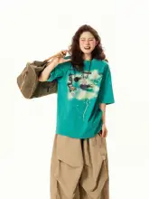 半袖Tシャツ レディース グラフィティ柄 アルファベット ヴィンテージ おしゃれ オーバーサイズ ルーズ 着回し 夏 ペア