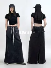 SUN90 レディースヴィンテージ風ストリートスタイルロングスカート【ウエストゴム・ドローストリング・ウォッシュ加工】