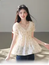 夏用 短袖フラワープリント シフォンブラウス【軽やかで高級感のあるデザイン】