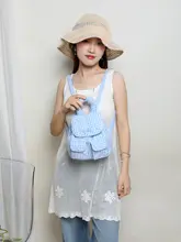 ミニリュック ガールズ 韓流 ブルーホワイトチェック柄 ギャザー 刺繍 ダブルポケット 手提げ ガーリー