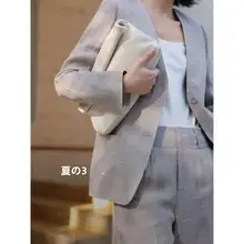 セットアップ レディース リネン ノーカラージャケット ハイウエストパンツ スモーキーパープル 抜け感 通勤 オフィスカジュアル