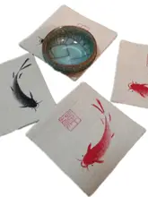 手描きの禅スタイル茶席マット【天然コットン麻・カップマット】（セットアップ対応）