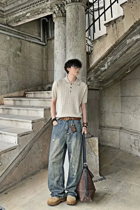 フィット夏用デニムパンツ【ウォッシュ加工・メンズ・スリムストレートデザイン】