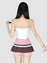 ピンクのカラーコンビネーション使用の低腰スカートパンツ【セクシーでキュートなデザイン・ショート丈】（セットアップ対応）