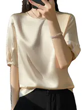 春夏用 ラウンドネック 絹製 半袖 レディースサテンTシャツ【ゆったり薄手・絹とアセテート】