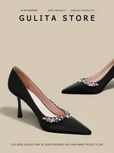 GELITA ブラック パンプス【細ヒール・ビジネス・サテン・水晶装飾】