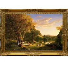 古典欧式風景油絵【ピクニック・厚みのあるフレーム付き・リビング・レストラン用装飾】