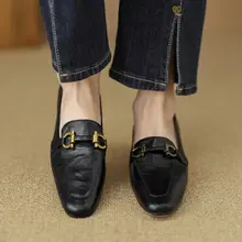 Diao'er 高品質グラブレザー太ヒールローファー【レトロな金具付き・女性用】